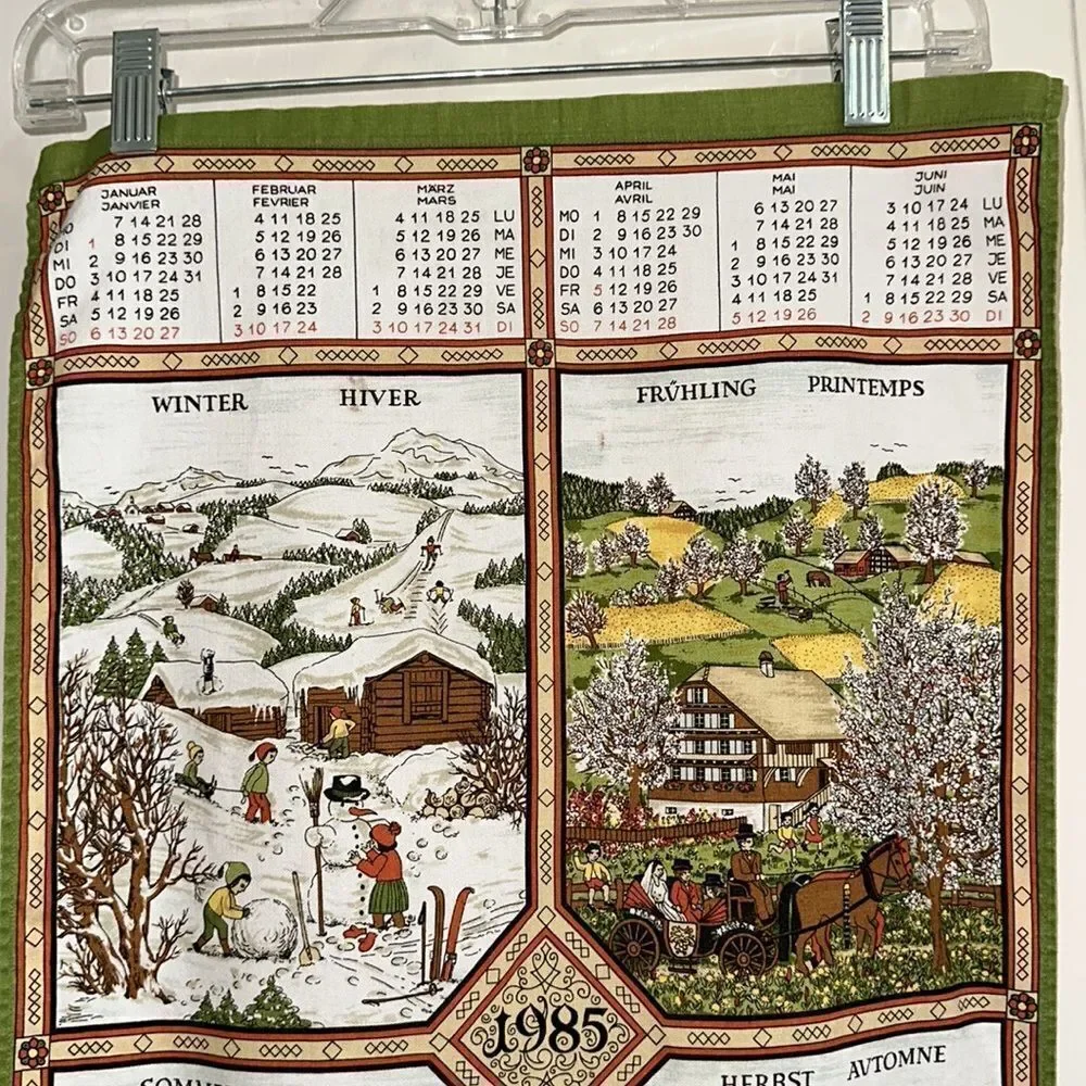 Vintage 1985 Alba cotton calendar tea towel/European scenes of the four‎ seasons